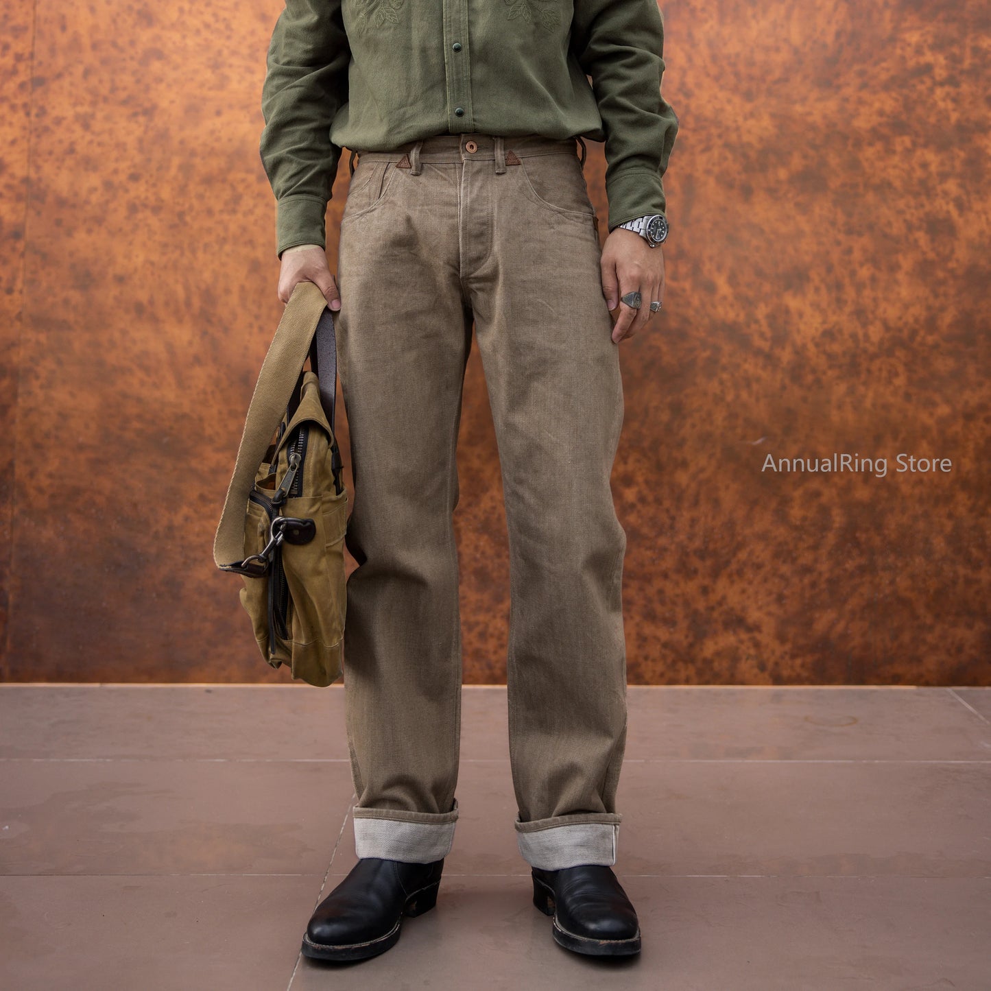 Red Tornado NOIR Kakishibu Dyed Jeans Loose Straight Heavy Selvedge Denim Pants Buckle Tooling Trousers 634