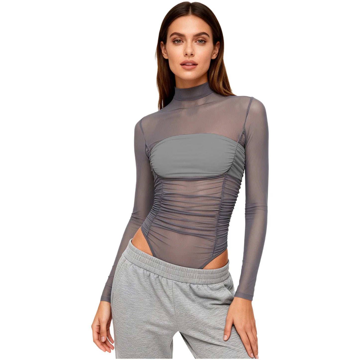 Womens Nightclub Beach Bodysuit Sheer Mesh Side Ruched High Collar Long Sleeve Button Crotch Leotard See Through Cover Up Outfit