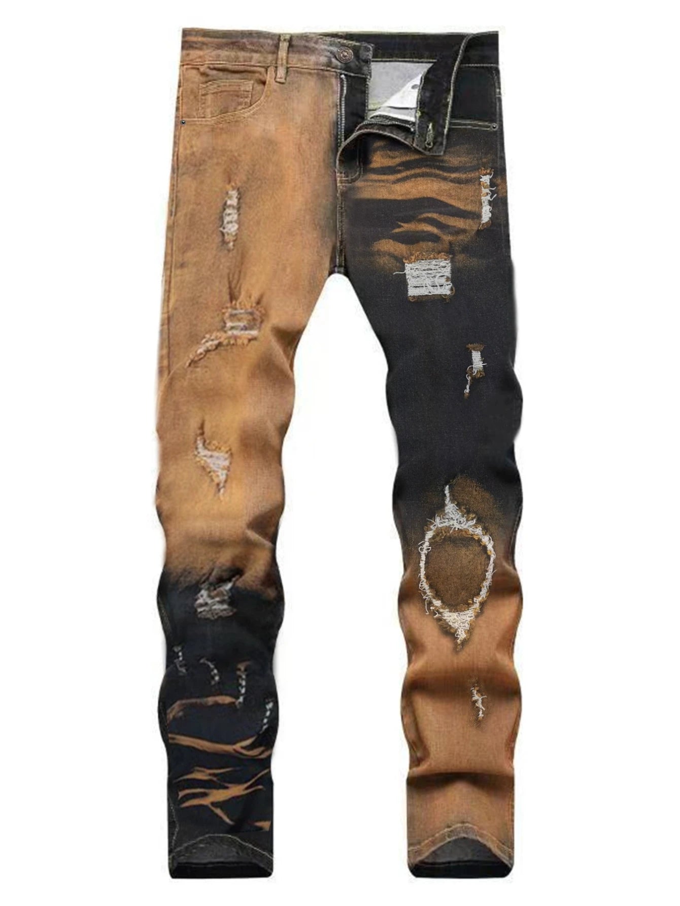 Men Two-Tone Gradient Distressed Jeans Black Yellow Wash Ripped Slim Straight Denim Pants Streetwear Hip Hop Patchwork Trousers