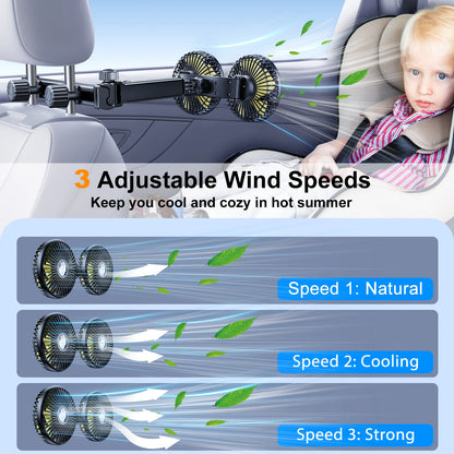 Eary Summer Car Back Seat Fan Headrest Dual Head Fan With 3 Speeds Extension Arm Adjustable With 2 Hidden Hooks Fan For Your Car