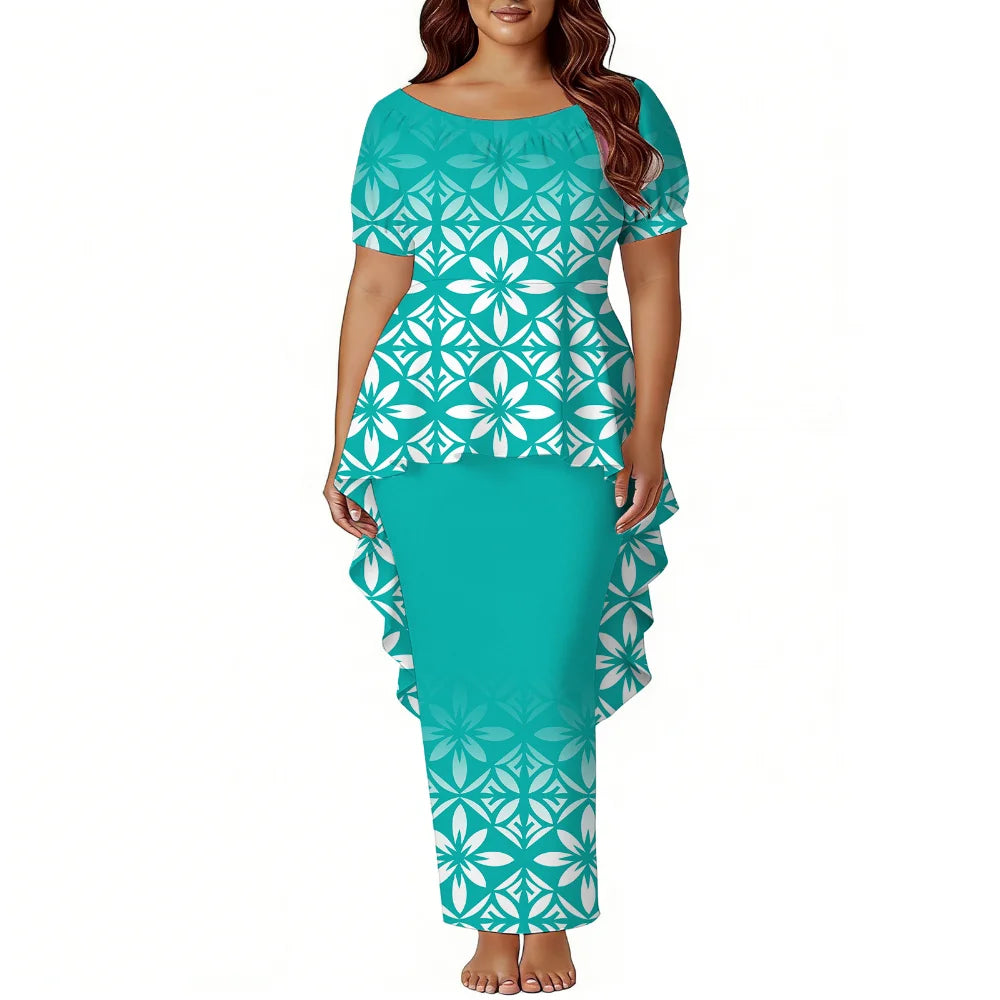 Polynesian Island-Style Women'S Short-Sleeved Puletasi Floral Print Dress Samoan Party Style Evening Dress