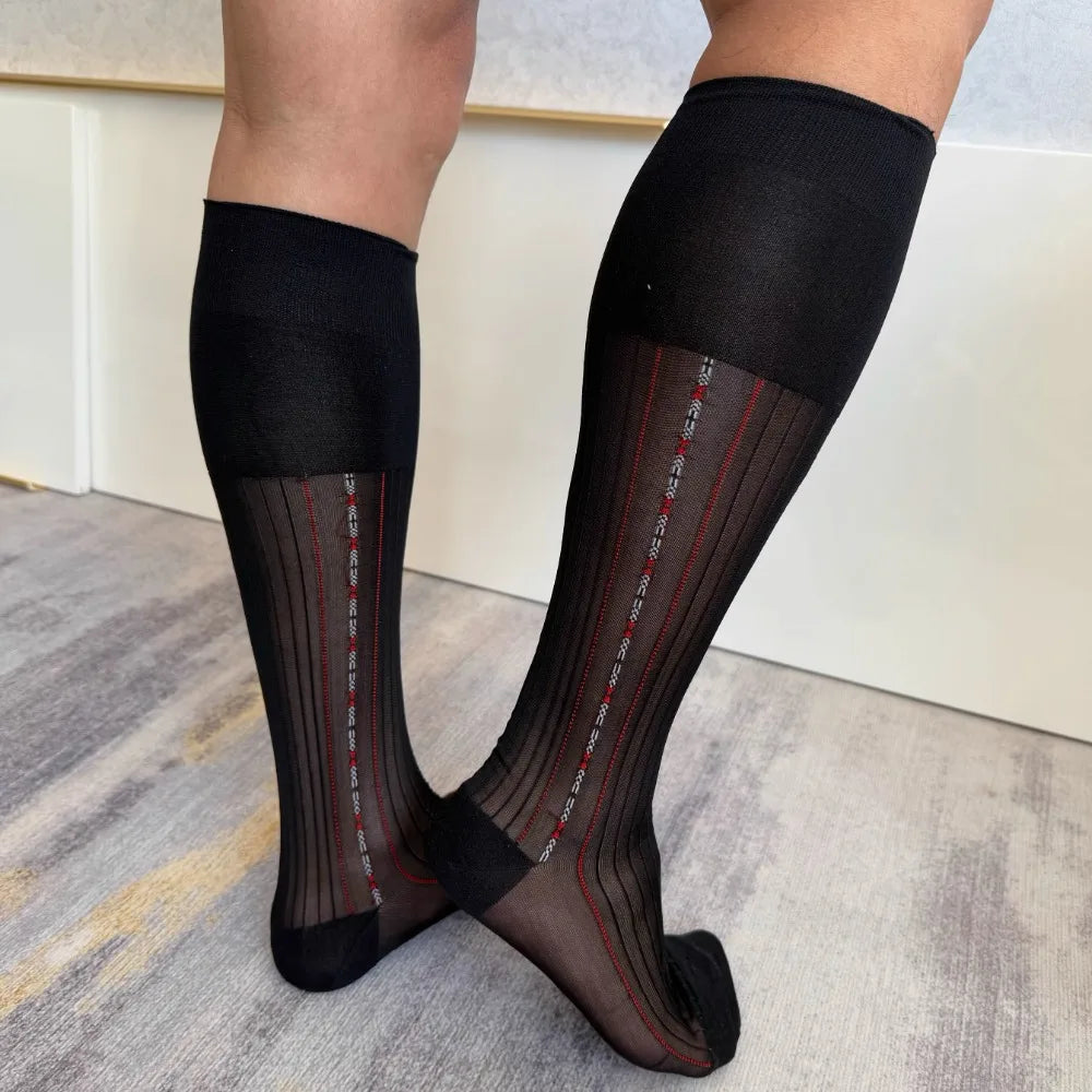 Brand Man Socks Men Transparent Sexy Stockings Ultra-thin Hight Tube Socks Sheer Elastic Striped Business Socks Formal Stockings