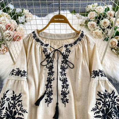 Bohemian Vacation Style Women's Shirt round Neck Lantern Sleeve Embroidery Heavy Work Autumn Design Sense Knot Design Top