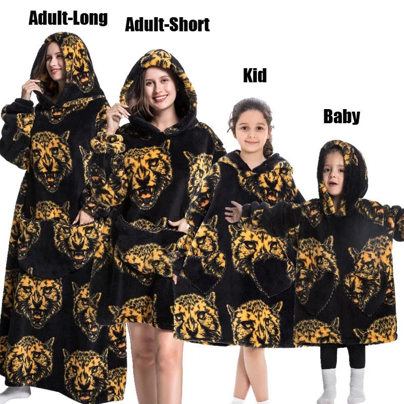 Halloween Family Matching Blanket Hoodies Women Cartoon Bear Dinosaur Sweatshirts Adult Oversized Warm Pullover Winter Clothes