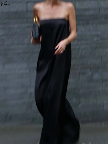 Oymimi Elegant Black Satin Womens Dresses Fashion Strapless Loose Solid Dresses Casual Simple Floor-Length Dress Female Clothing