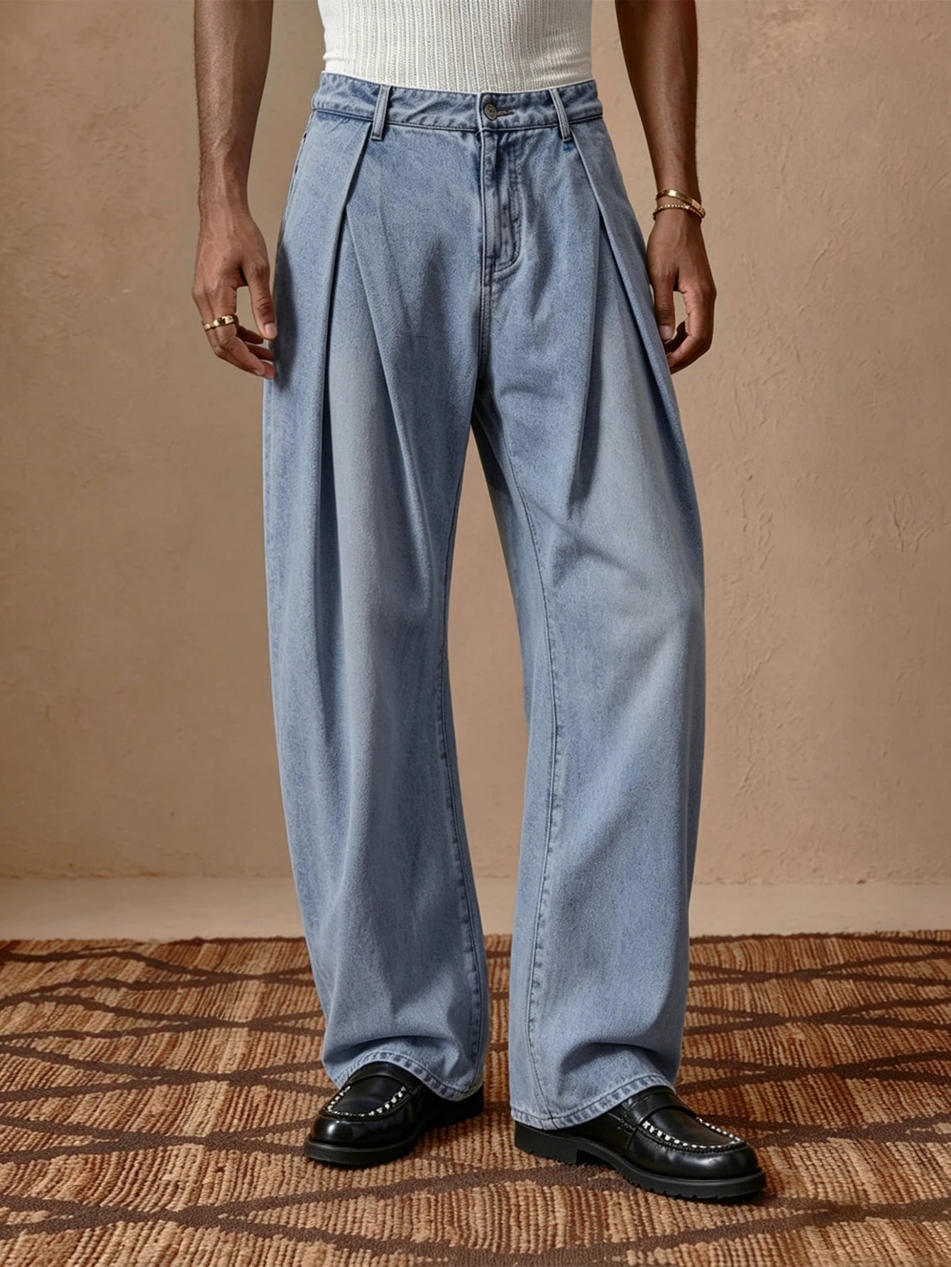 Street Style Men High Waist Straight Pants, Woven Denim Look, Buttoned Pleated, Trendy Italian Fashion, Casual Daily Wear