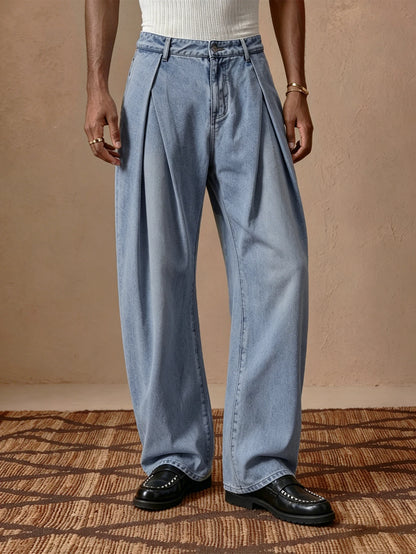 Street Style Men High Waist Straight Pants, Woven Denim Look, Buttoned Pleated, Trendy Italian Fashion, Casual Daily Wear