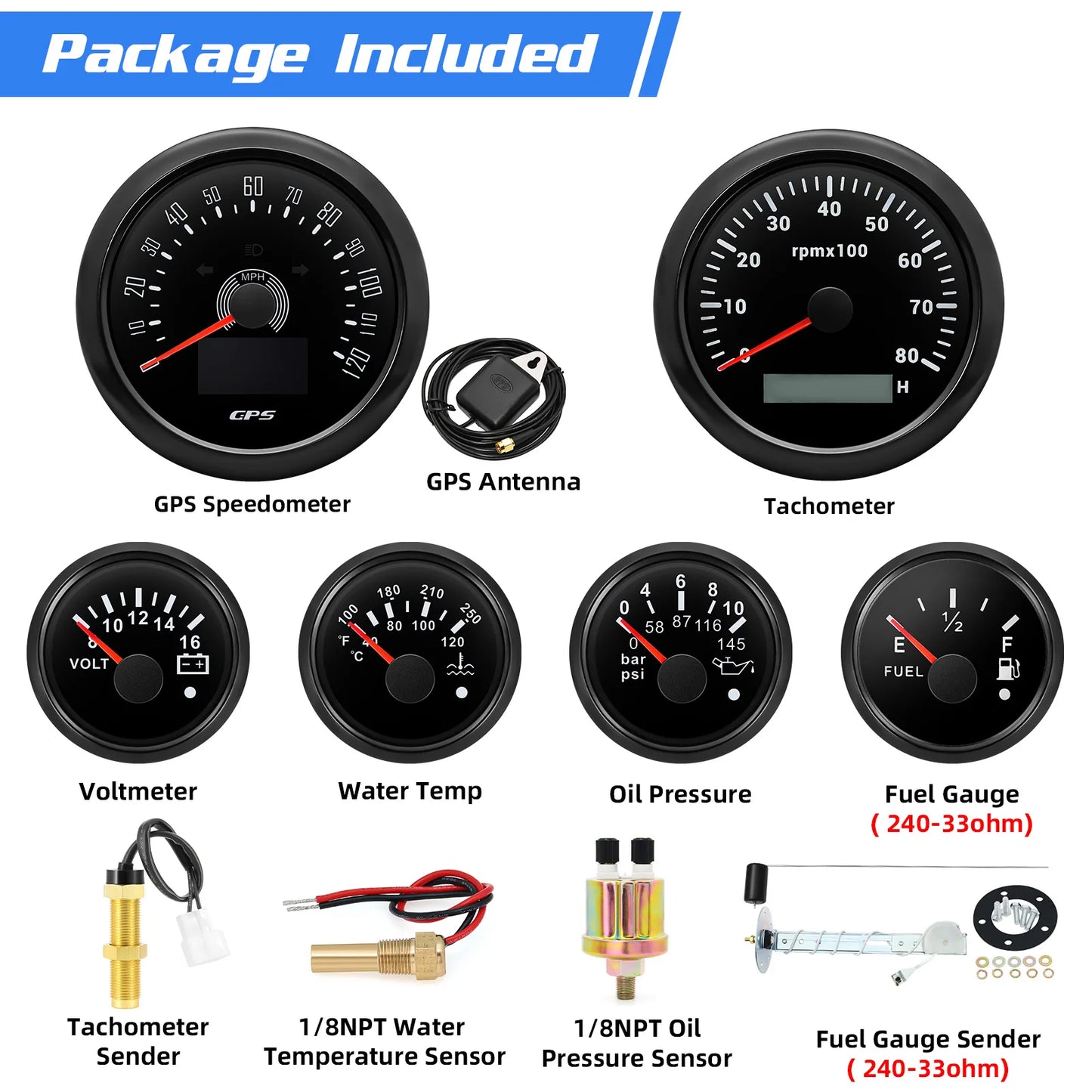 6 Gauge Set Digital GPS Speedometer Tachometer Fuel Gauge Water Temp Oil Pressure Voltmeter With Sensors For Boat Car Customized