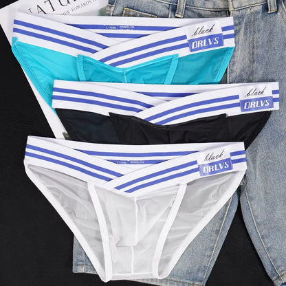 3 PCS Men's Ice Silk Ultra-Thin Barely-There Mesh Sheer Briefs, Striped V-Shape Elastic Waistband Summer Daily Commute Underwear