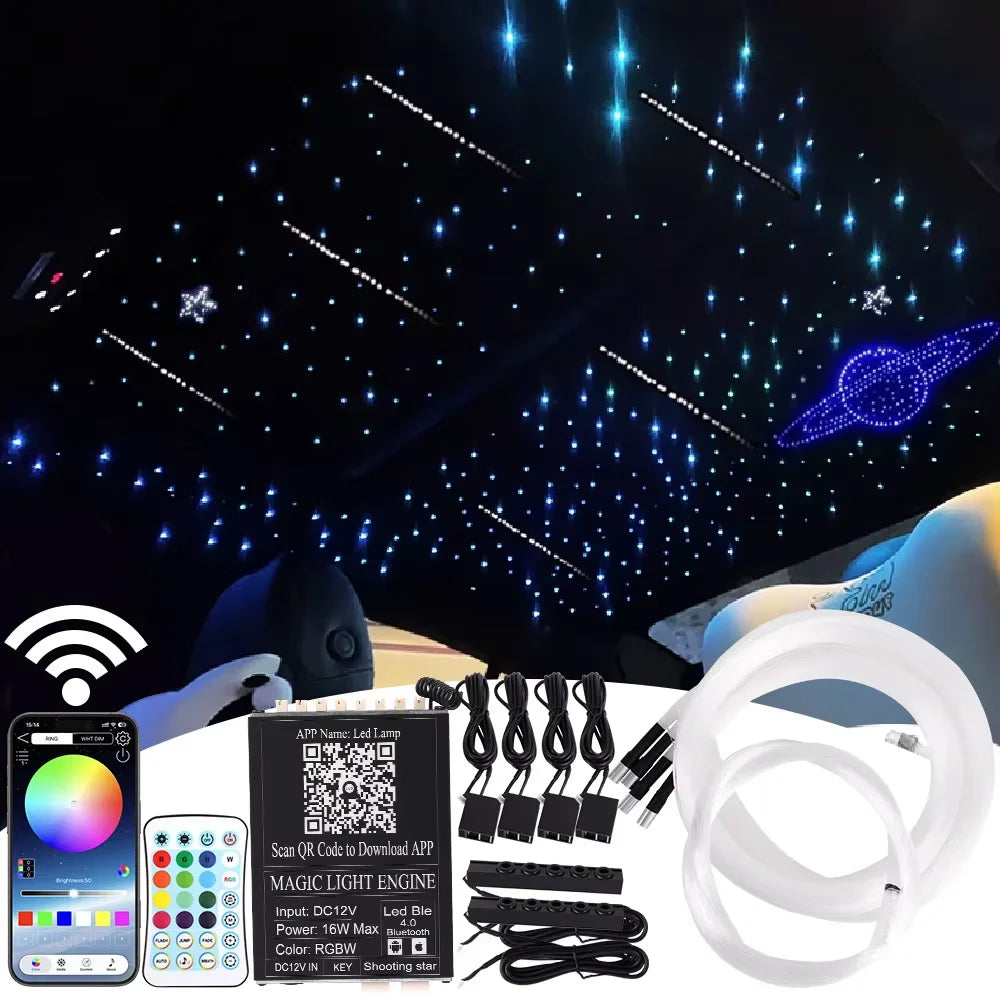 16W Car Starry Sky Ceiling Fiber Optic Lamp RGB with APP Voice Remote Control Panoramic source Car Roof Starlight Headliner