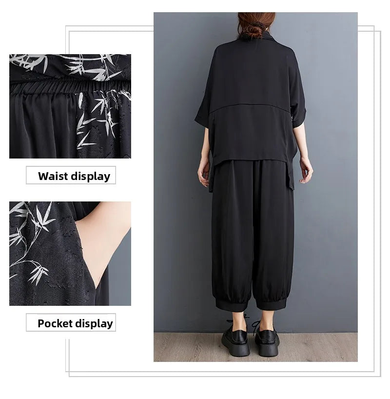 Summer New Loose Artistic Bamboo Print Cross Irregular irt Wide Leg Pants Two Piece Set Good Quali plus Size Faionable