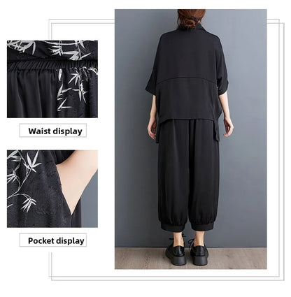 Summer New Loose Artistic Bamboo Print Cross Irregular irt Wide Leg Pants Two Piece Set Good Quali plus Size Faionable