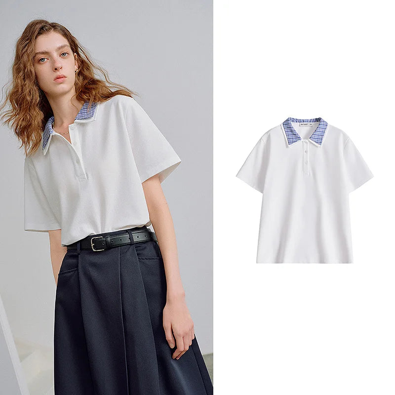 TOYOUTH Women Piqué Cotton Tees 2026 Spring New Double Collar Niche Design Loose Polo Tops