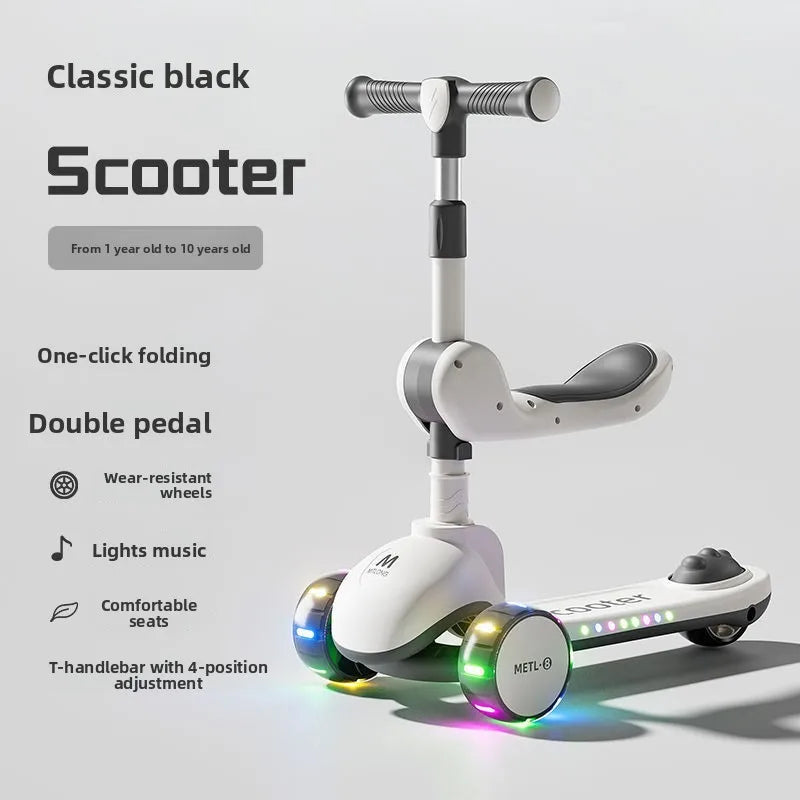 3-in-1 Kids Scooter with Seat, Foldable Toddler Kick Scooter for Boys Girls Ages 1-3-6-10, 3-Wheel Light-Up Ride-On Toy with