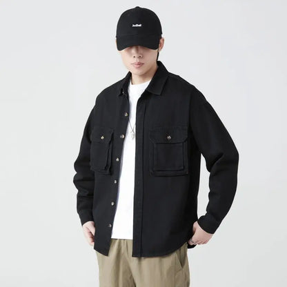 Pure Cotton Tooling Shirts Men Spring Autumn Streetwear Vintage Fashion Casual Loose Long Sleeve Outwear Cargo Jacket Blouse New