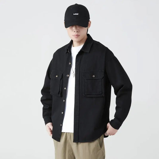 Pure Cotton Tooling Shirts Men Spring Autumn Streetwear Vintage Fashion Casual Loose Long Sleeve Outwear Cargo Jacket Blouse New