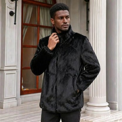 Men Genuine Real Rabbit Fur Coat Stand Collar Zipper Fluffy Thick Warm Luxury Black Winter Fur Outerwear