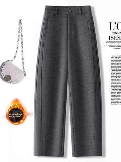 High Waist Grey Woolen Knife Pants Women's Casual Autumn Winter Straight Leg Trousers Commute Style Korean Fashion