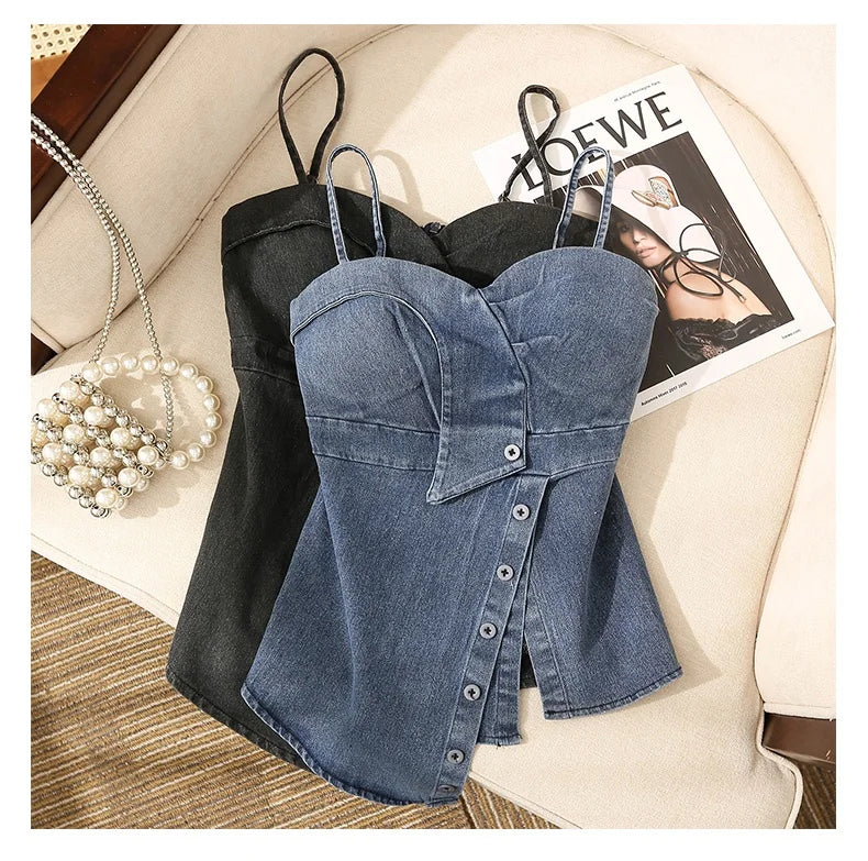 Irregular Halter Neck Denim Crop Top Women Summer Outdoor Wear with Chest Pad Slimming Sexy Girl Shirt Short Length Zipper