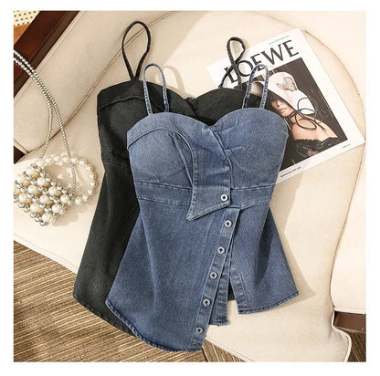 Irregular Halter Neck Denim Crop Top Women Summer Outdoor Wear with Chest Pad Slimming Sexy Girl Shirt Short Length Zipper