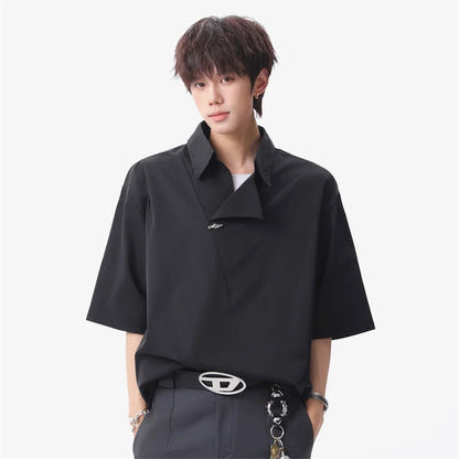 Summer Men's Metal Button Solid Color Lapel Polo Shirts Retro High Street Asymmetrical Oversized Tshirts Y2K Casual Fashion Tops