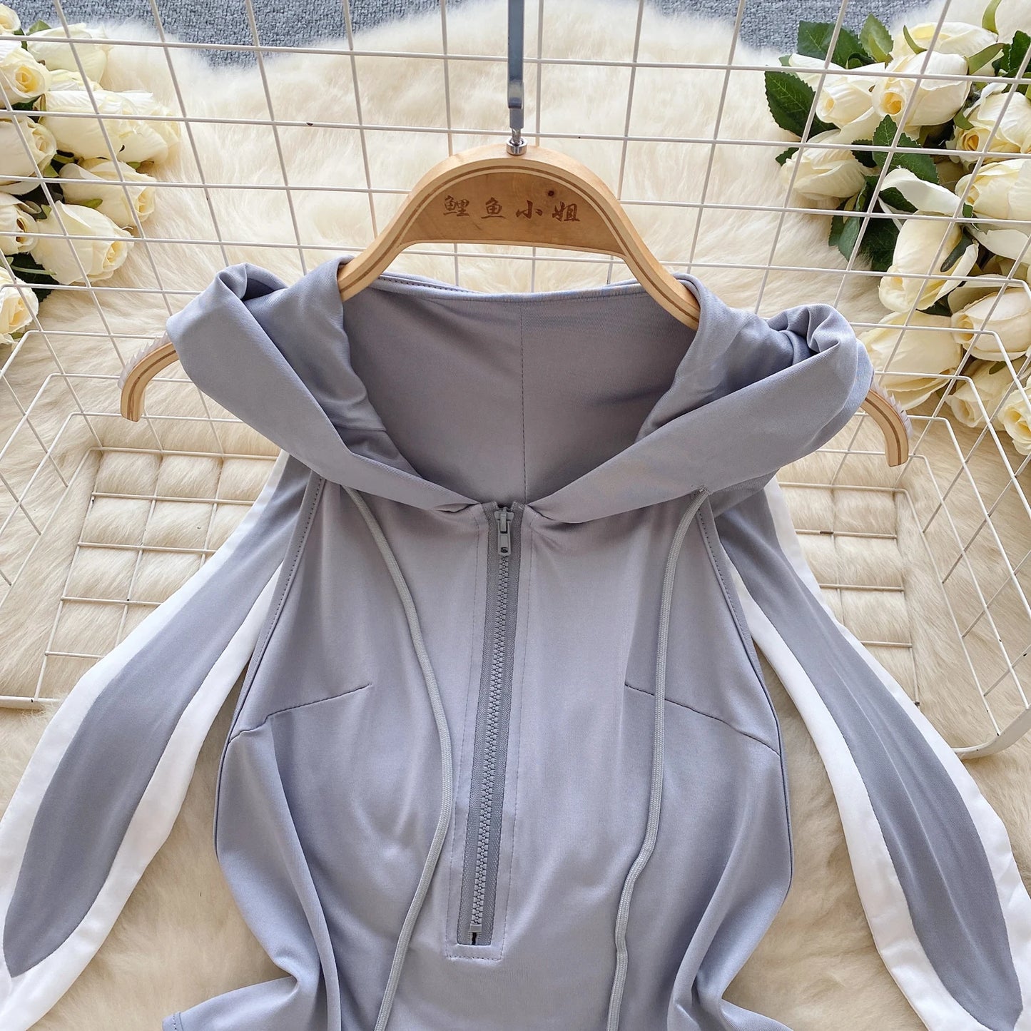 Cute Gray Rabbit Ear Hood Top Sexy Backless Slim Fit Bodysuit Zip Sleeveless Women Sexy Erotic Lingerie Bunny Cosplay Playsuit