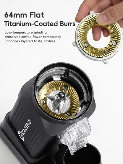 STARSEEKER E64 Electric Coffee Grinder 64MM Espresso Titanium Flat burr Stepless Fineness Adjustment Home Bean Grinder Black