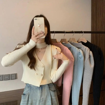 Elegant V-Neck Bubble Sleeve Knitwear Short Top Fashion Trend Neck Hanging Style Girl's French Style Slim Fit Long Sleeve Autumn
