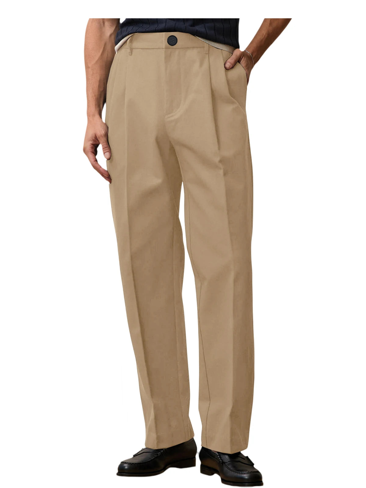 Men High Waist Pleated Suit Pants Straight Wide Leg Loose Fit Trousers Breathable Lightweight Business Office Formal Wear