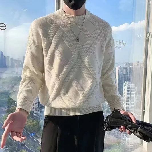 White Knitted Sweaters for Men Round Collar Green Crewneck Pullovers Man Clothes Clothing Knitwears Y2k Streetwear Fun Casual S
