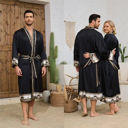Baroque Style Couple Sleep Robe Long Sleeve Luxury Satin Bathrobe WP3403 Oversize Autumn Winter Home Clothes Men's Robe