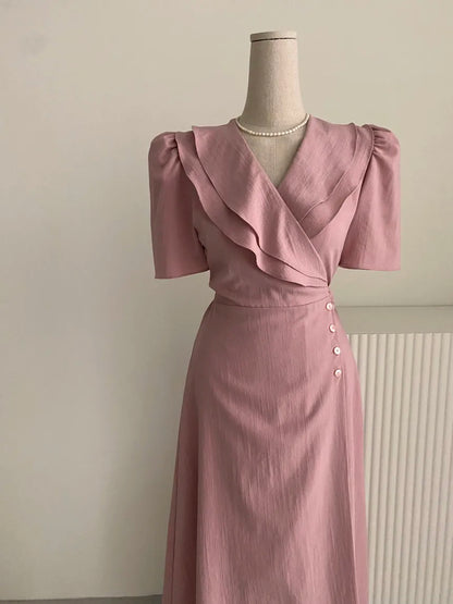 Retro Double Layered Collar Bubble Sleeve  Dress Elegant Short Sleeve V Neck Summer Casual Women's Dress