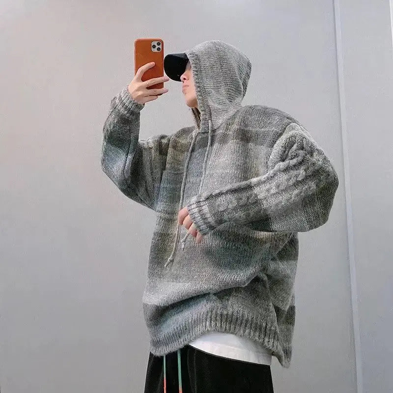 Color matching sweater in autumn and winter Men's China-Chic lazy retro loose striped hooded knitting INS casual versatile coat