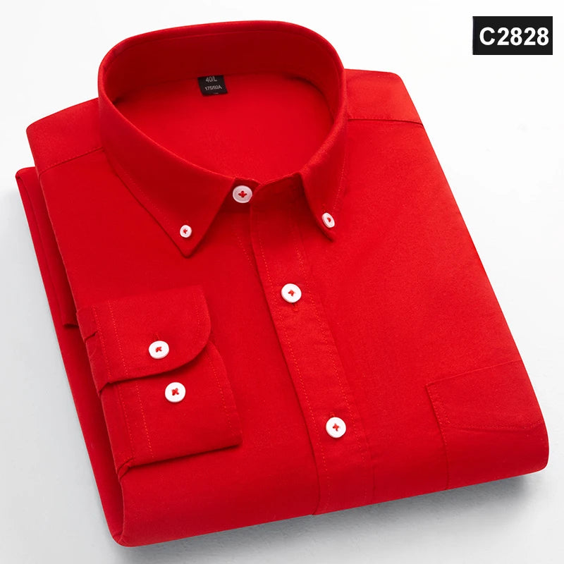 Classic Fit Fashion 100% Cotton Long-Sleeve Shirt for Men Single Pocket Slim Fit Casual Top Soft Oxford Solid Color Office Cloth