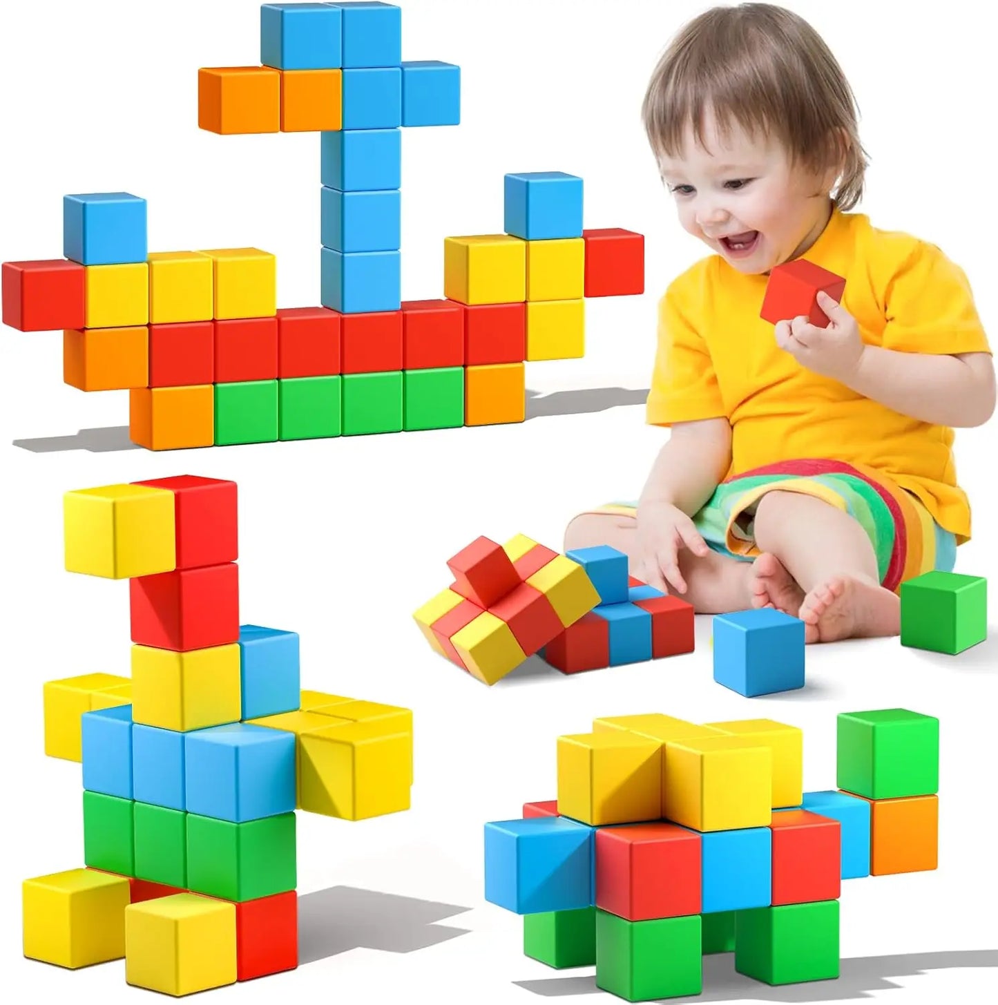 Magnetic Building Blocks Large, Magnetic Stacking Cubes for Toddlers Sensory & Montessori Toys for Boys & Girls 1 2 3 Years Old