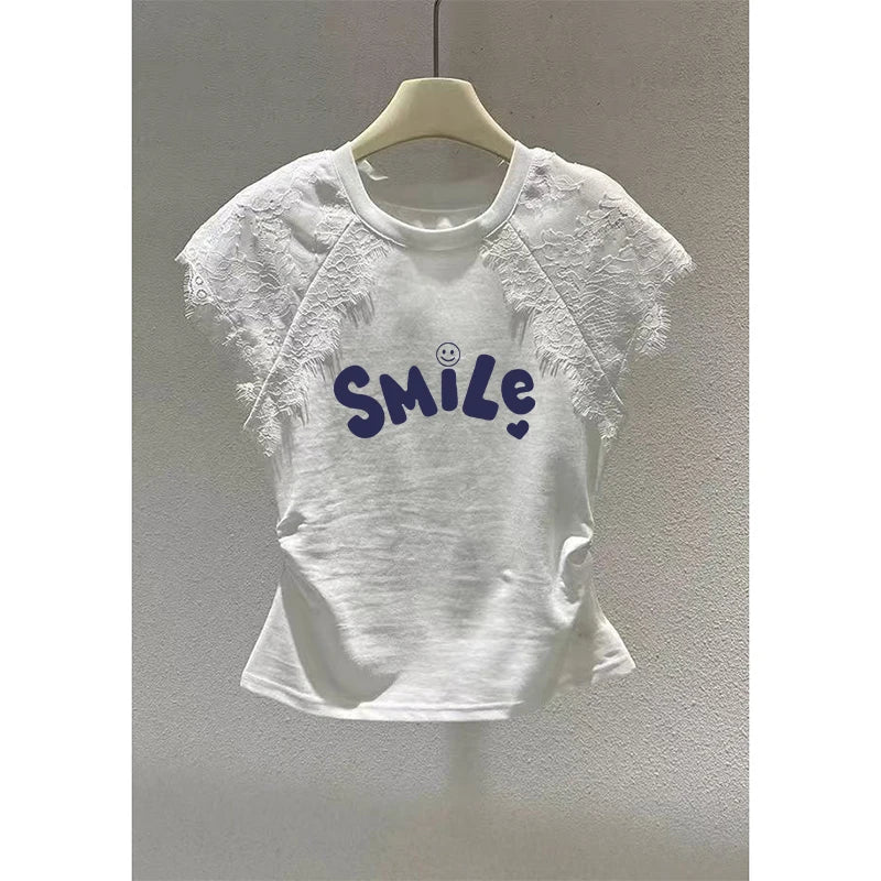 Retro Black Lace Mesh Short Sleeve Top Women Summer Fly Sleeve Short T-Shirt Outlet Store Printed Slim Fit Cotton Polyester