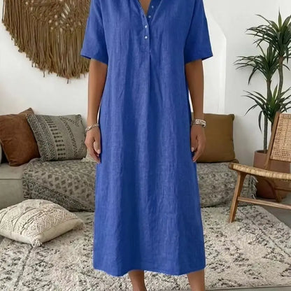 2026 Women's New Casual Straight-Cut Comfortable Polo-Neck Linen Short-Sleeve Dress