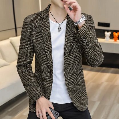 High-quality Men's Fashionable Small Suit Korean-style Slim-fit Top, Cool and Casual Plaid Single Suit, Trendy Formal Jacket