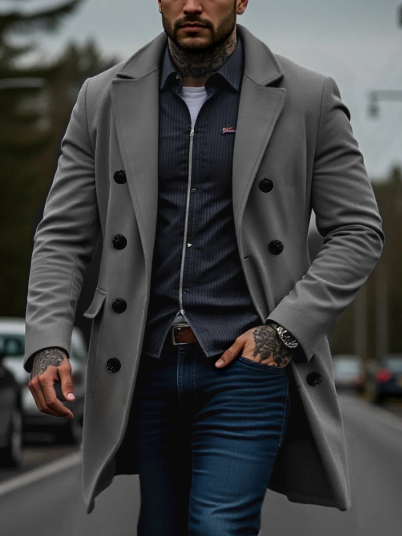 Men's Double-Breasted Solid Woolen Coat Thickened Warm Winter Wool&blends Trench Streetwear Outdoor Ideal Choice Male Jacket