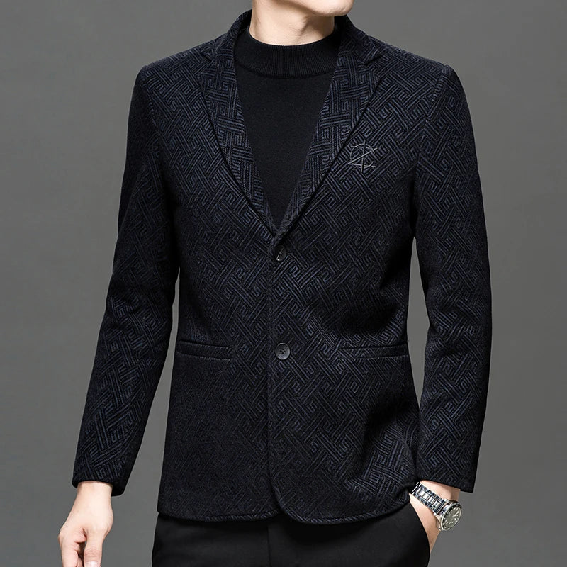 Autumn Winter Men Elegant Padded Blazers Coffee Navy Personality Pattern Suit Jackets Male Slim Fit Tailored Outfits Garments