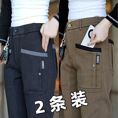 Men's Workwear Pants Elastic Waist Multi-Pocket Straight Leg Autumn Winter Durable Polyester Fiber Casual Trousers
