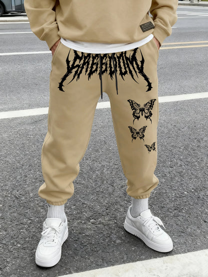 Men's Aesthetic Dark Gothic Butterfly Art Print Sweatpants Elastic Waist Joggers Cozy Goth Daily Street Fashion Bottoms