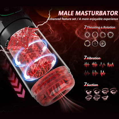 Automatic male Masturbator Pocket Cat 7 push Rotary vibration Suck Lick Stroking vacuum pump and LCD Screen Penis pump Adult toy