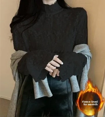 Lace Sleeve Thermal Shirt Women's Fleece Lined Half High Collar Bell Sleeve Inner Wear Netting Warm Top Korean Style Straight...