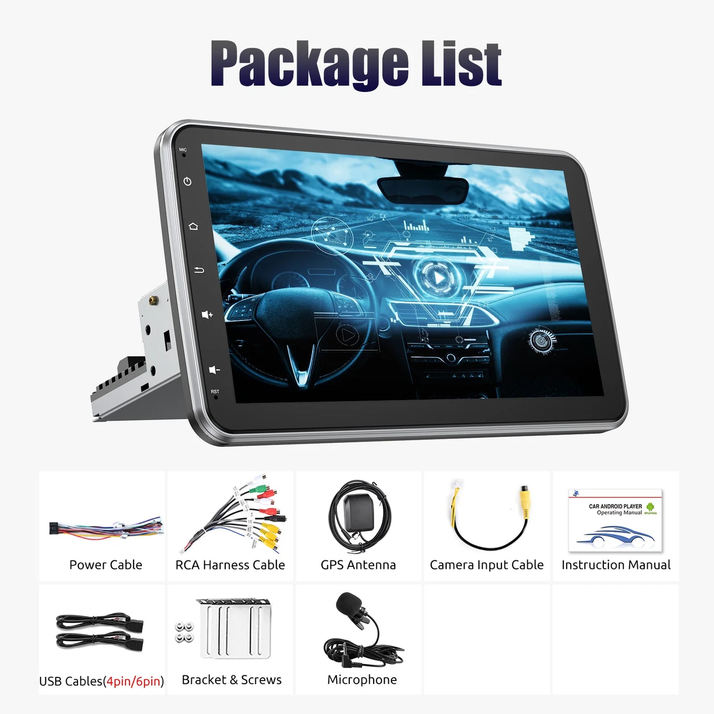 10.1'' 4+64GB 360° Rotatable Single 1DIN Car Stereo Android 14 Carplay WIFI Head Unit FM Radio Bluetooth SWC GPS Navi+DVR&Camera