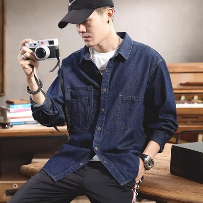 Spring Ruffian Handsome Denim Tooling Long-sleeved Shirt Men's Ins Trendy Versatile Casual American Retro Shirt Jacket