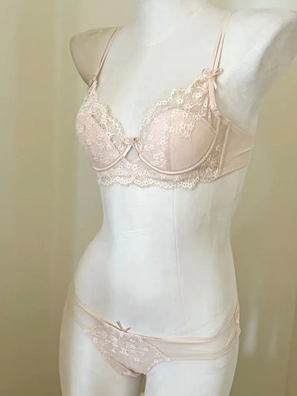 French Style Women's Minimizer Bra Sexy Lingerie Set Large Breast Support Half Cup Soft Underwire Anti Sagging Comfort Thin Bras