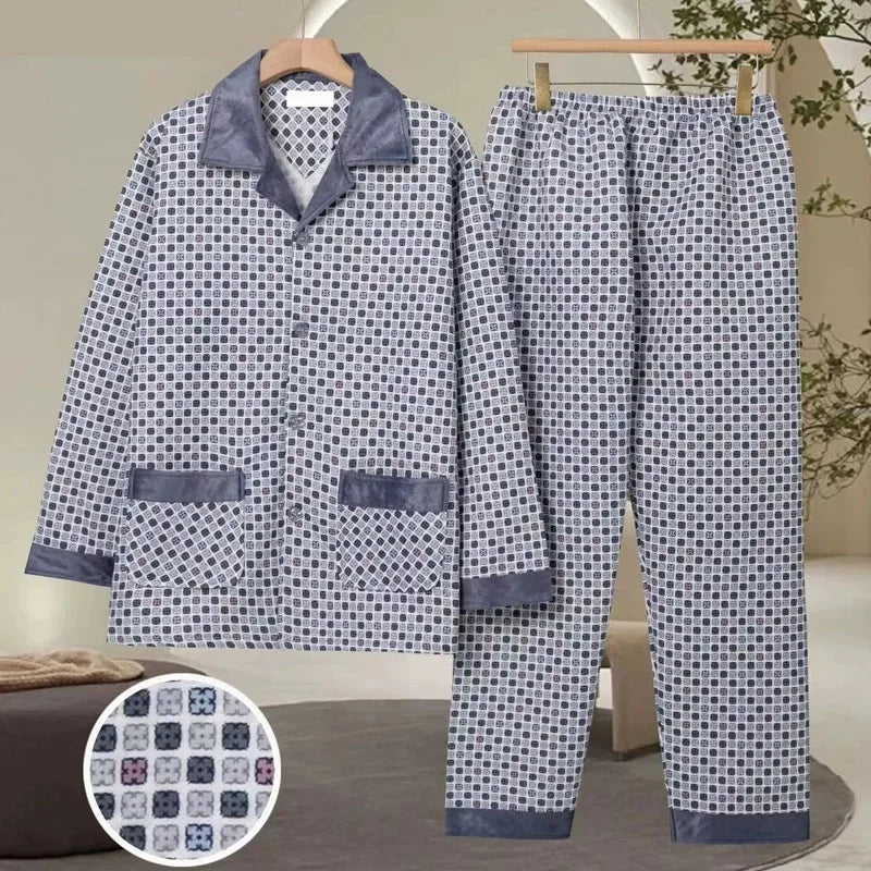 Thickened Loose Long Sleeve Air Layer Cotton Pajamas Set for Men Autumn Winter Home Clothes Set Warm Flannel Sleepwear for Mi...