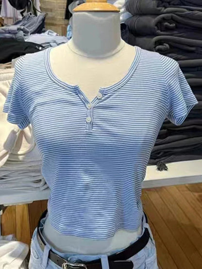 Pink Striped Slim Buttons T-shirts Women New Cotton O-neck Casual Simple Basic Short Sleeve Tees Sweet Cute Girls Tshirt Y2K Top