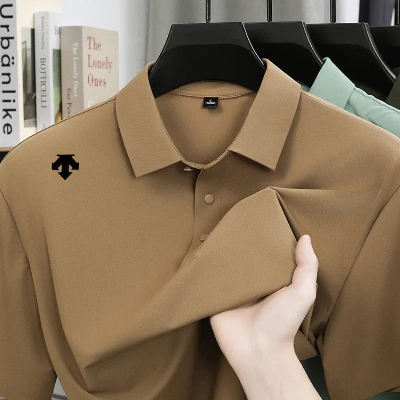 Brand Ice Silk Short sleeved Men's Printed Polo Shirt Fashion Sports Top Summer Comfortable Breathable Leisure High end T-shirt